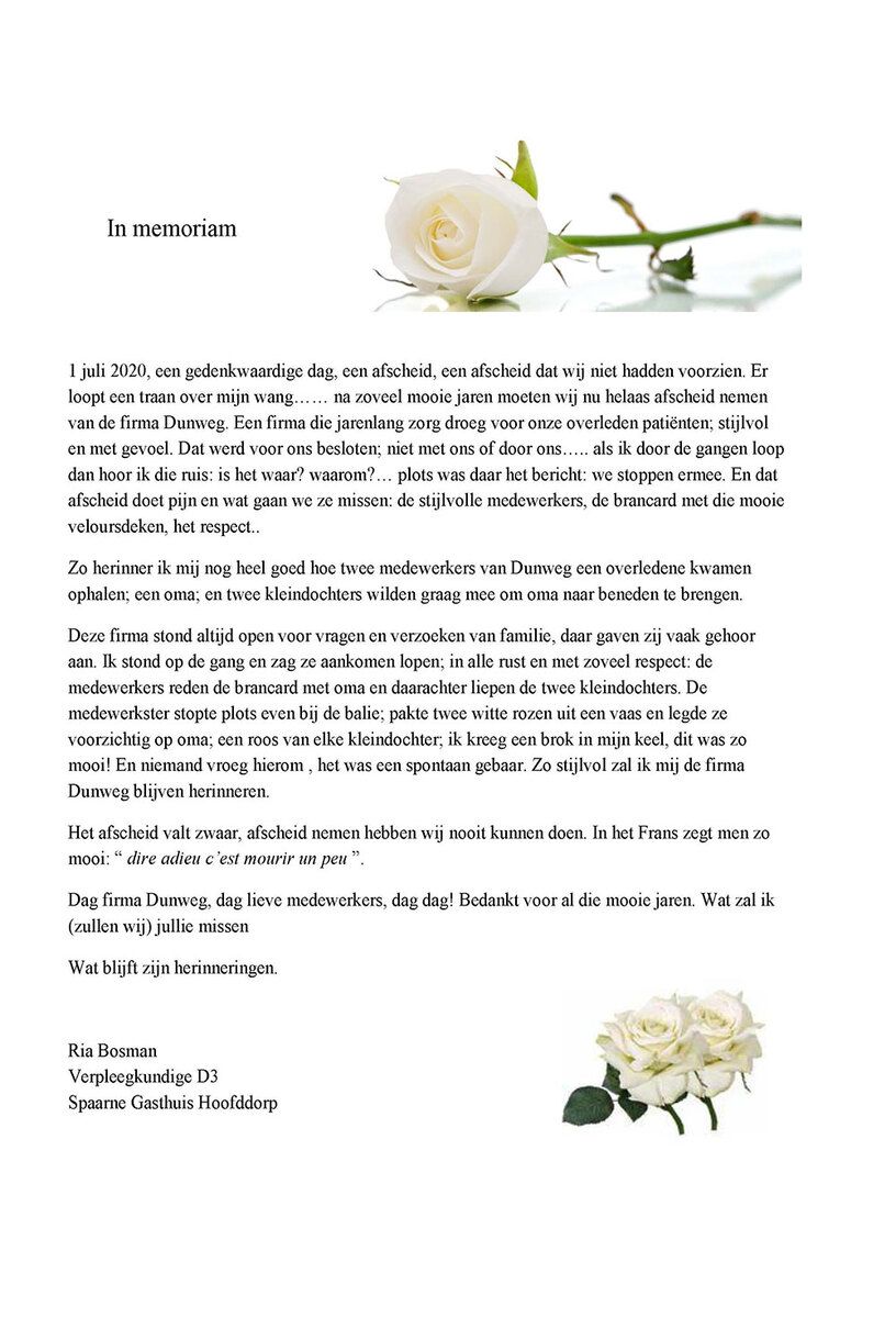 In memoriam - Dunweg - Spaarne Gasthuis